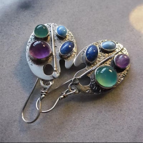 925 Sterling Silver Plated Antique Multicolor Hand Carved Pattern Earrings - Picture 7 of 8